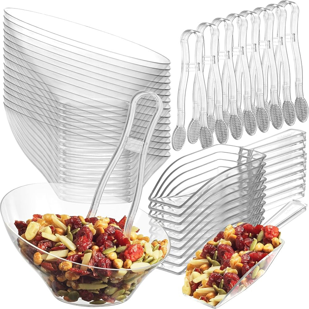 6 oz Clear Plastic Dessert Bowls (16 Pcs) with (8) Scoops and (8) Tongs, Angled Hard Disposable I... | Amazon (US)