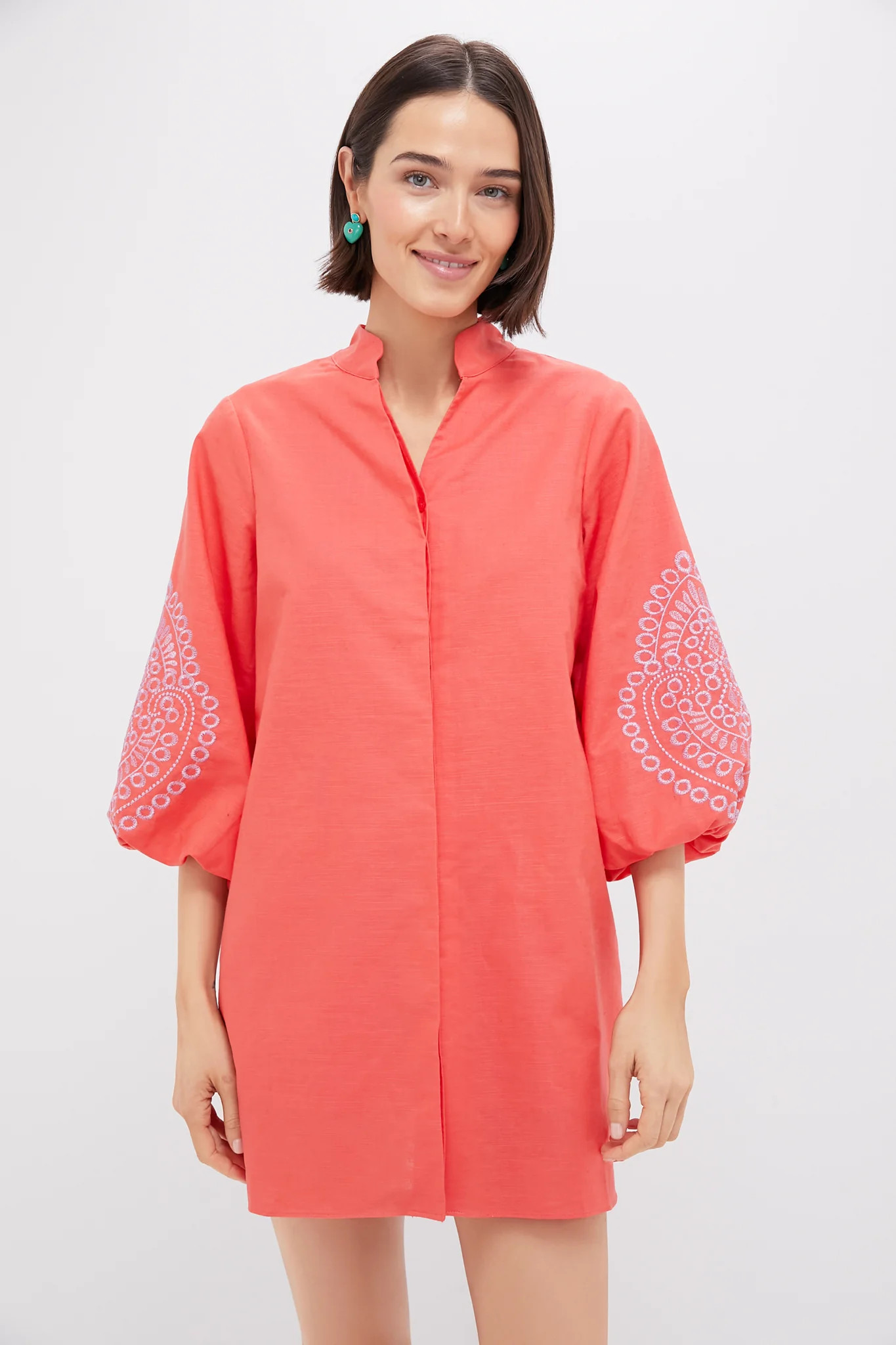 Coral with Lavender Embroidery Mini Wisteria Caftan | Tuckernuck (US)