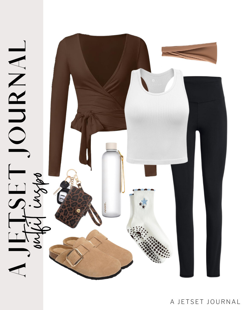 Another outfit idea is a combination of a racerback tank top, a brown pilates wrap from SweatyRocks, and buttery-soft leggings. You can wear these pilates grip socks and a comfy pair of Project Cloud slip-on clogs for this fit, too. This keychain wallet with leather wrist straps is perfect for this look.

#LTKSeasonal #LTKSaleAlert #LTKTravel
 

 
