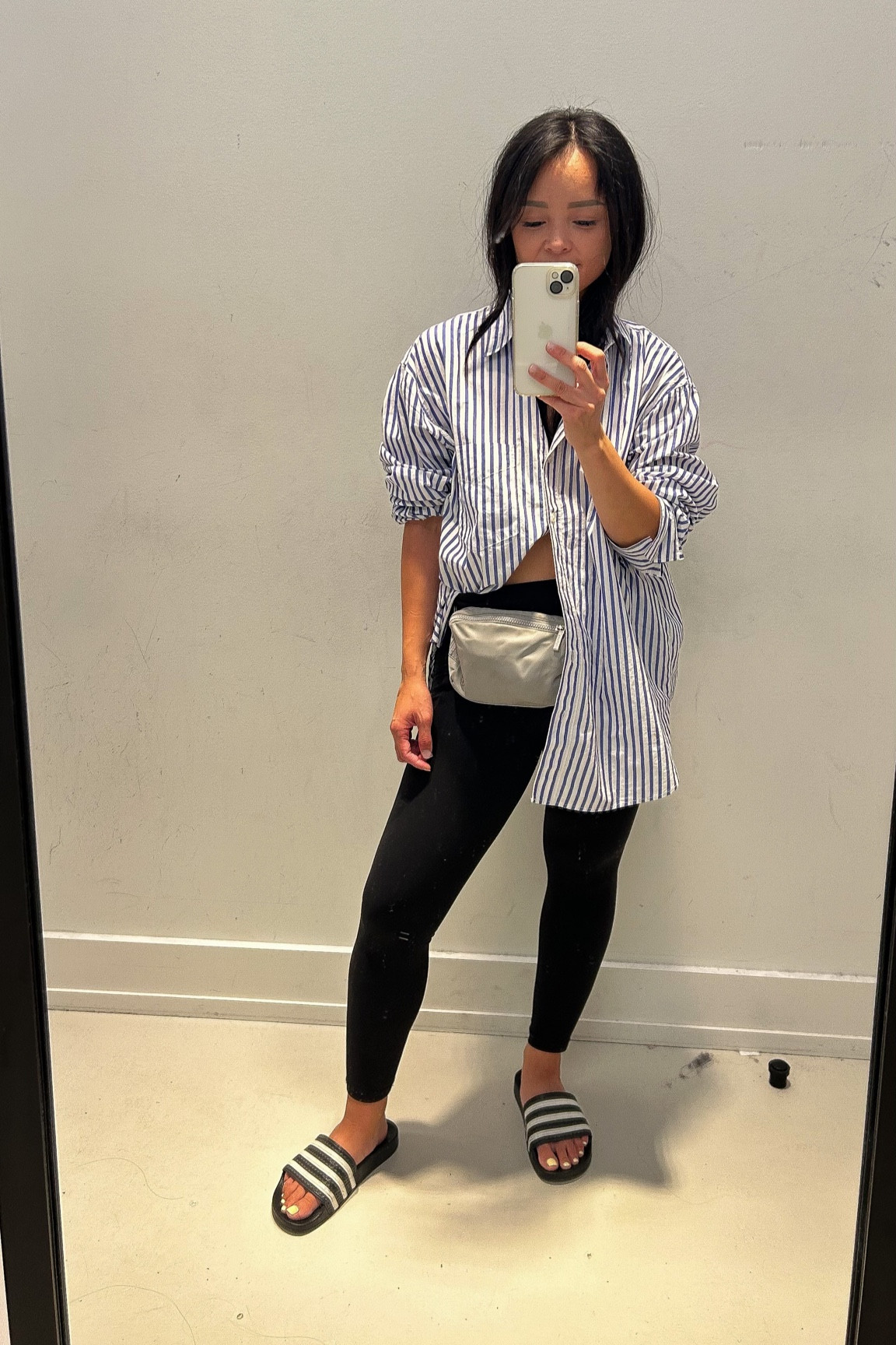 What I’ve been wearing lately. Old faithful Athleta Salutation tights, Lululemon belt bag, and adidas slides. The shirt is H&M from this season but no longer online but I linked similar. ☺️

#LTKstyletip #LTKunder100 #LTKunder50