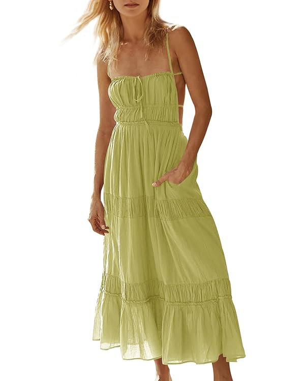 Wenrine Womens Summer Beach Dresses Backless Spaghetti Straps Self Tie Tiered Flowy Casual Maxi D... | Amazon (US)