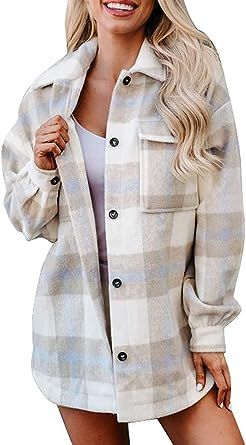 Sidefeel Women Plaid Long Sleeve Button Down Collar Long Shirt Oversized Coat | Amazon (US)