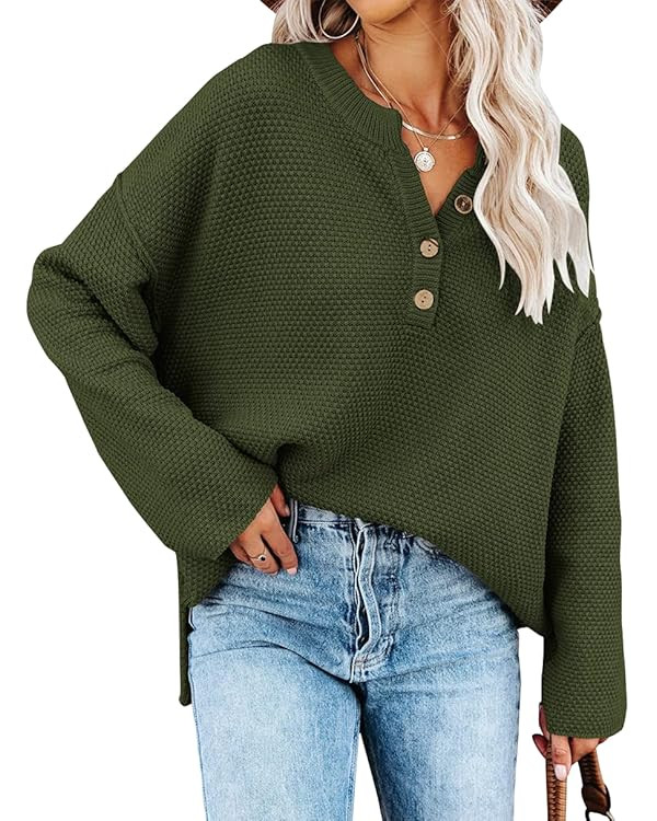 Nigaga Women's Long Sleeve V Neck Button Oversized Knit Fall Winter Pullover Sweaters Casual Jump... | Amazon (US)