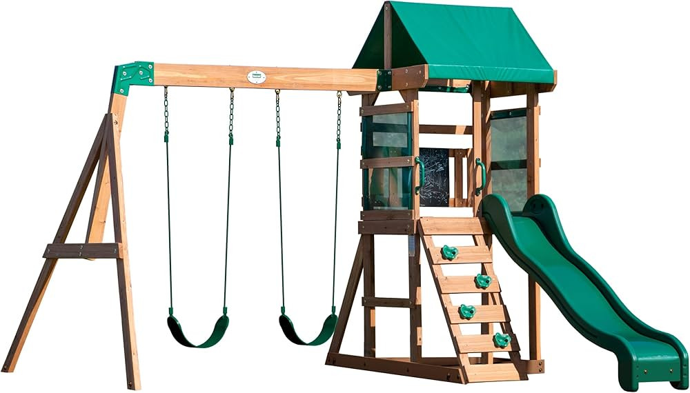 Backyard Discovery Buckley Hill Cedar Wood Swing Set with Wave Slide, Play Deck, Rock Wall Ladder... | Amazon (US)
