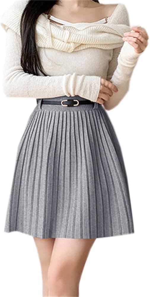 SANGTREE Women's Short High Waist A-Line Pleated Knitted Skirt | Amazon (US)