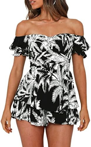 Fixmatti Women Boho Romper Off Shoulder Ruffle Chiffon Shorts Jumpsuit Playsuits | Amazon (US)