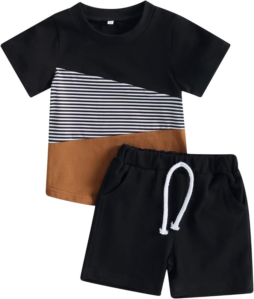 Toddler Baby Boy Summer Clothes Contrast Color Short Sleeve Shirt Top Shorts Casual Baby Boy Shor... | Amazon (US)