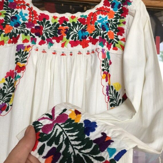 Beautiful Oaxacan embroidered dress~ great colors~ floral White Maxi~ all cotton hand made~ unusu... | Etsy (US)