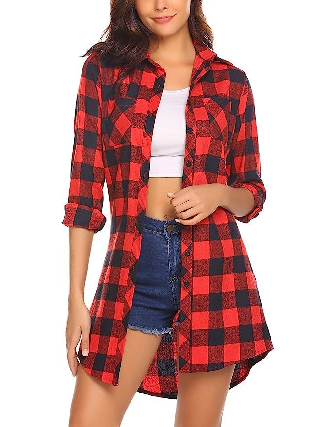 Hotouch Womens Flannel Plaid Shirts Roll Up Button Down Long Sleeve Mid-Long Casual Boyfriend Shi... | Amazon (US)