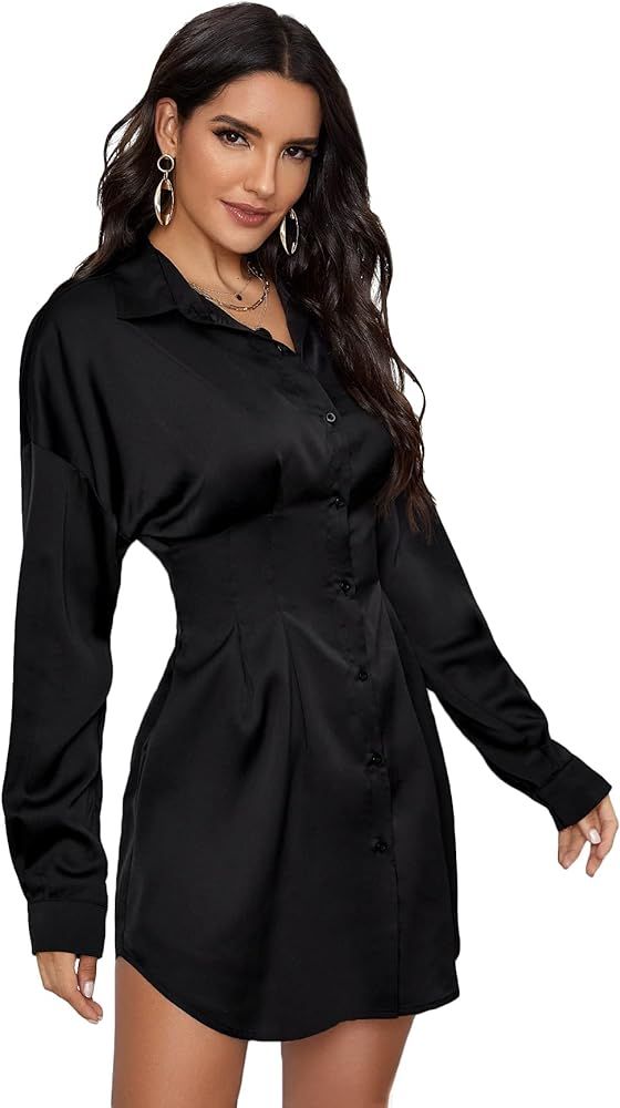Floerns Women's Satin Long Sleeve V Neck Button Front Short Shirt Dress | Amazon (US)