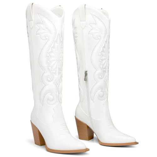 CELLENZ Women High Cowboy Boots: Pointed Toe Knee High Boots - White Chunky Heels Cowgirl Boot - Wide Calf Comfortable Western Tall Boots Size 7 | Amazon (US)
