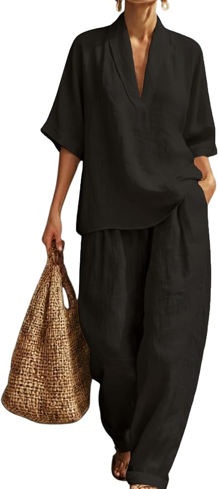 Tanming Two Piece Lounge Sets for Women Linen Set Vacation Beach Travel Outfits Casual Cruise Fas... | Amazon (US)
