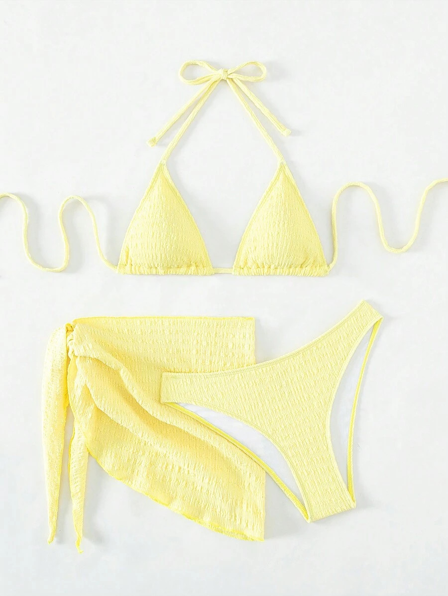 Swim Mod Summer Beach Plain Halter Triangle Bikini Set With Beach Skirt | SHEIN