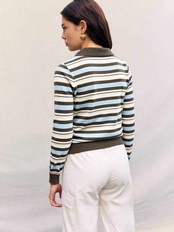 Nöista Striped Knit Cardigan With Long Sleeves, A Classic Collar, And Front Button Closure. Perf... | SHEIN