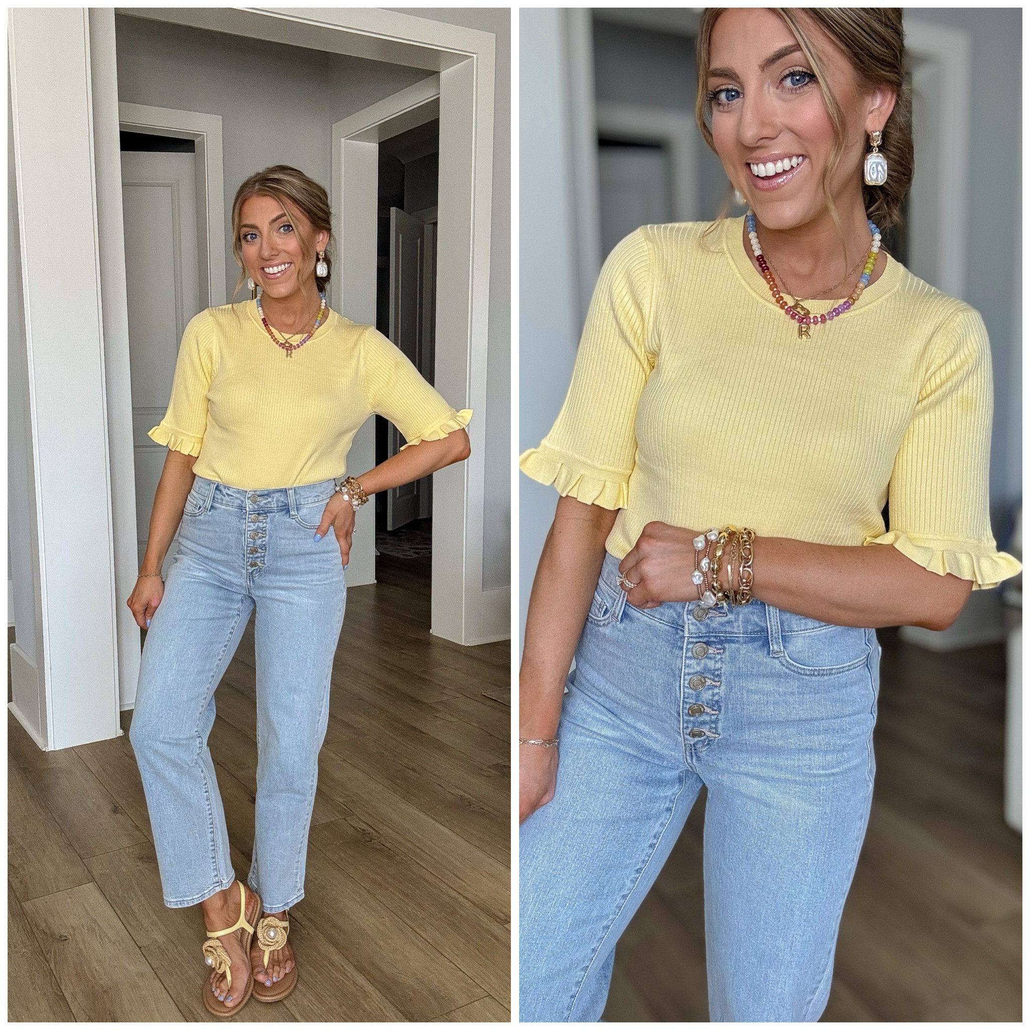 Spring color moment 💛 This yellow ruffle sleeve sweater from Walmart is such a good basic with a little extra detail. The ribbed knit and ruffle sleeves make it feel polished but still easy for everyday wear.

I paired it with my Walmart button-fly jeans and neutral sandals for a simple spring outfit that works for everything from school drop-off to lunch with friends.

Walmart has been absolutely crushing it with affordable spring sweaters and denim this season.

#WalmartFashion #SpringStyle #YellowOutfit #DenimOutfit #AffordableFashion #WalmartFinds #CasualSpringStyle #EverydayOutfit #MomStyle #BudgetFriendlyFashion

#LTKPetite #LTKootd