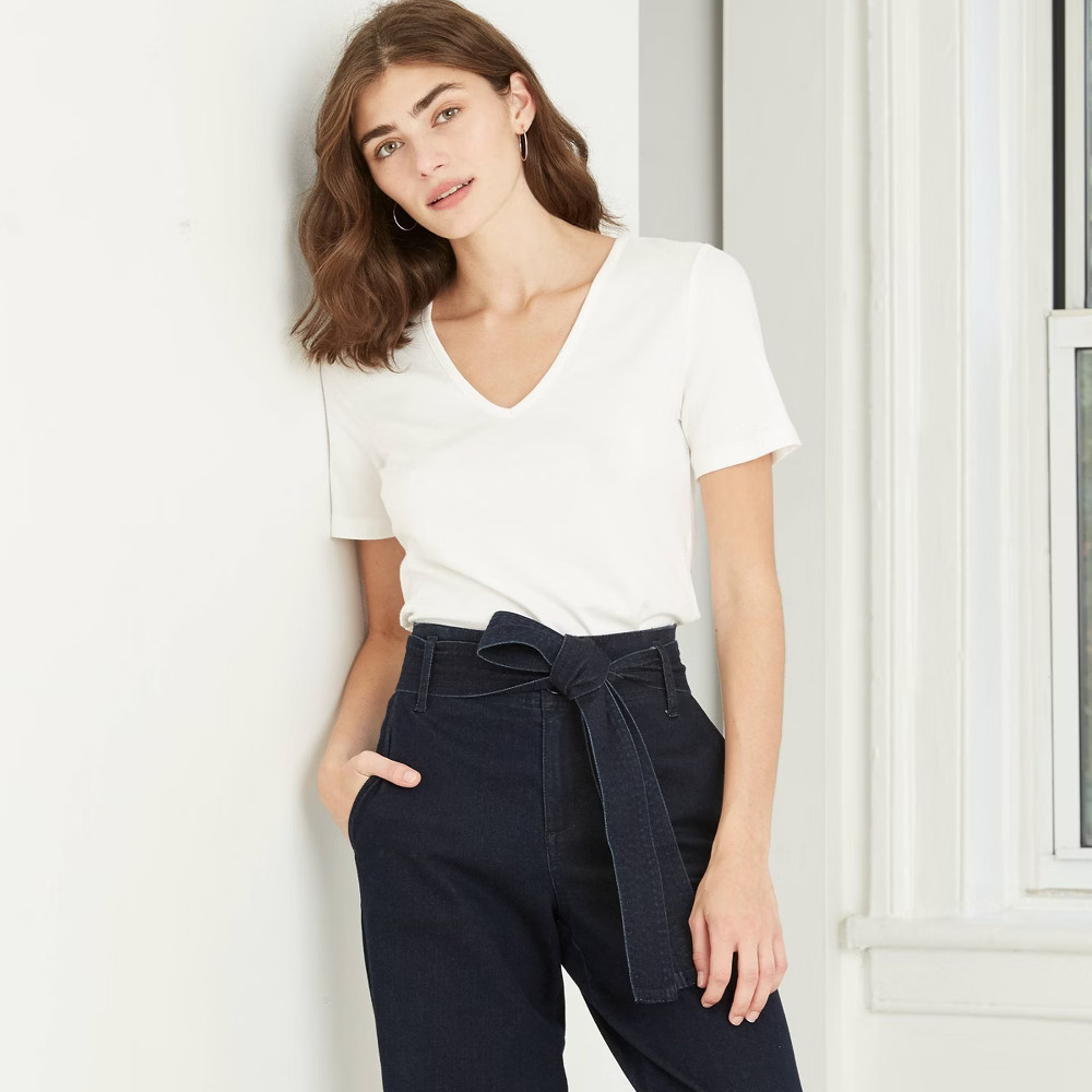 Women's 3pk Short Sleeve V-Neck Fitted T-Shirt - A New Day White S | Target