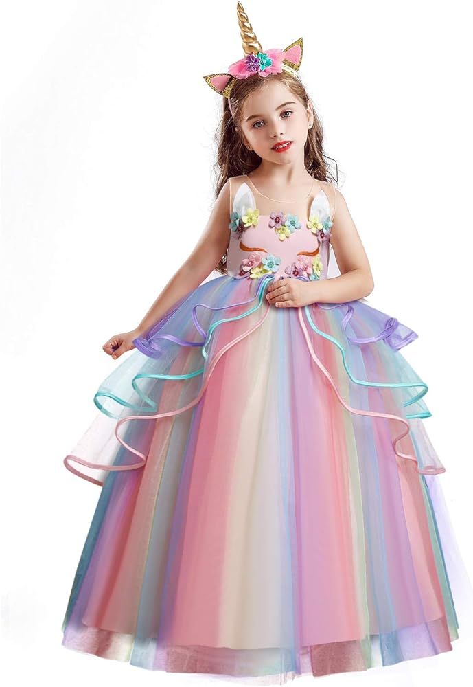 Princess Girl Dress Long Tulle Gown Flower Girls Unicorn Costume | Amazon (US)