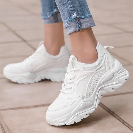 Women‘s Casual Sneakers Lightweight Lace-up Dad Shoes Breathable White Sports Shoes | Walmart (US)
