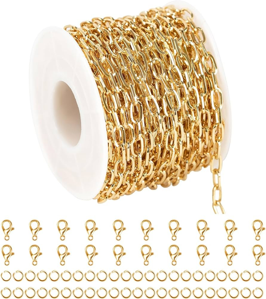 32.8 Feet Thin Paperclip Chains for Jewelry Making Width 4MM Craft Chain for Necklace Making Gold... | Amazon (US)