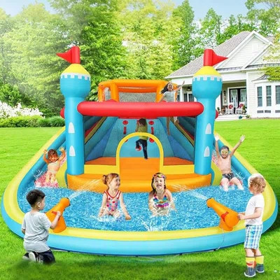 14.1X13.7FT Inflatable Bounce House Water Slide With Blower - Kids Outdoor Play Center With Splash Pool, Climbing Wall & Spray Guns | Wayfair North America