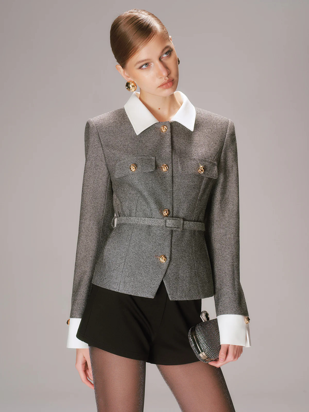 Belted Contrast Collar Tweed Blazer | Commense