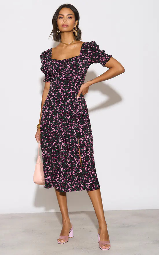 Bardot Midi Dress With Front Tie Bow Fastening And Smock ... | D.Anna | SilkFred | SilkFred
