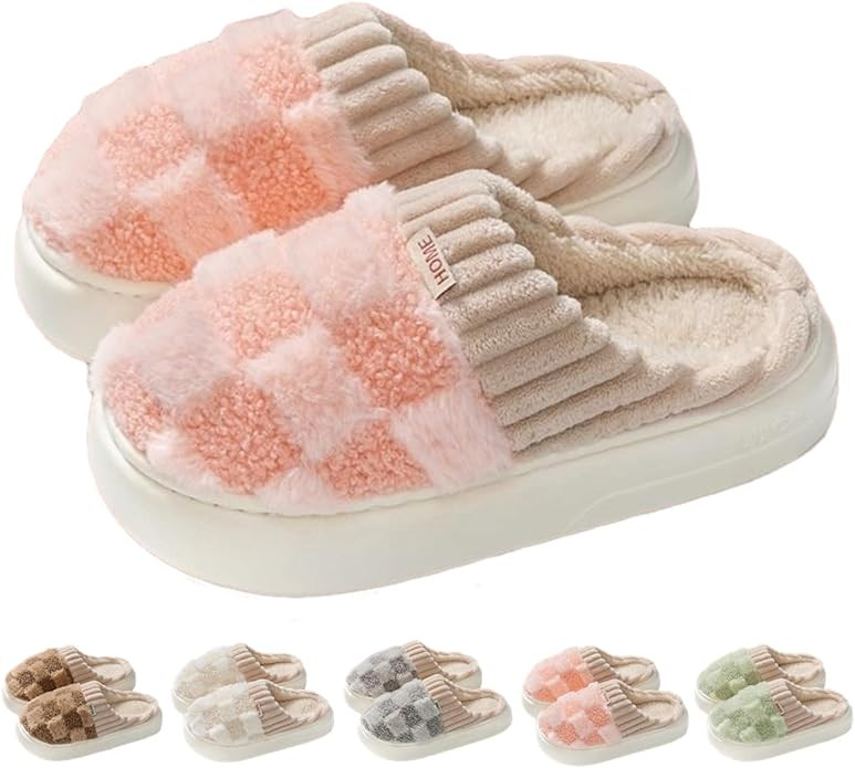 Checkered Slipper House Slippers for Women Men Plush Warm Fuzzy Slippers Flyffy Bedroom Shoes Ind... | Amazon (US)