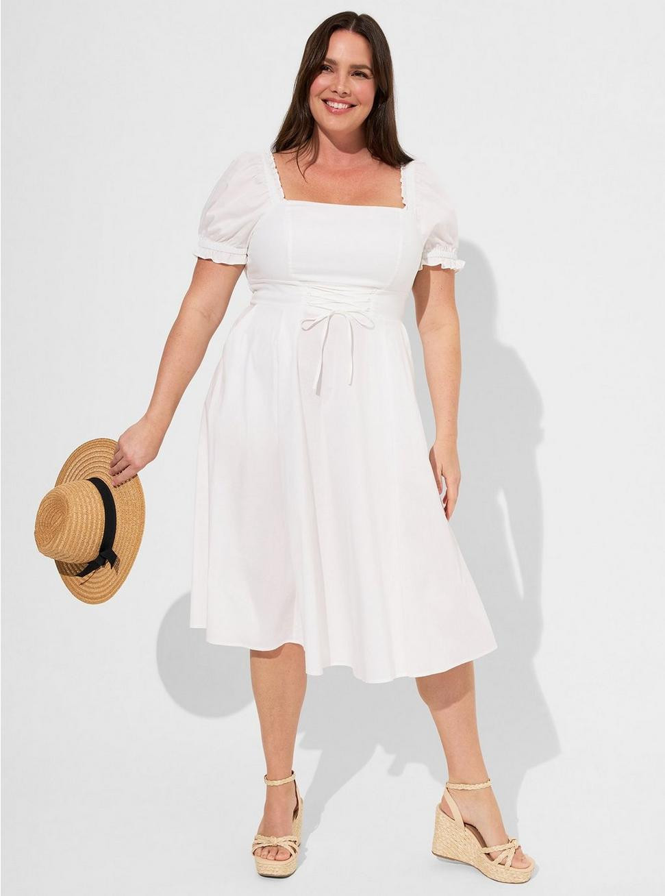 Midi Poplin Shirred Bodice Fit N' Flare Dress | Torrid (US & Canada)