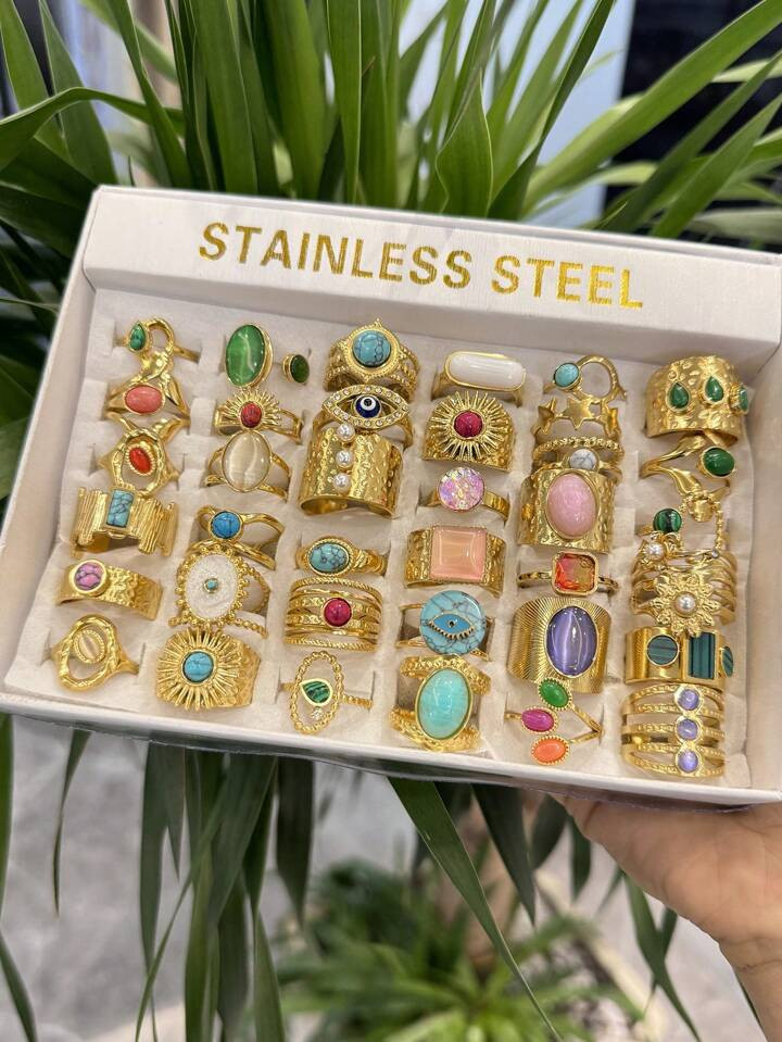 8 Pieces/Set Of Stainless Steel Gold Open Rings, Finger Size 8, Inlaid With Various Colored Gemst... | SHEIN