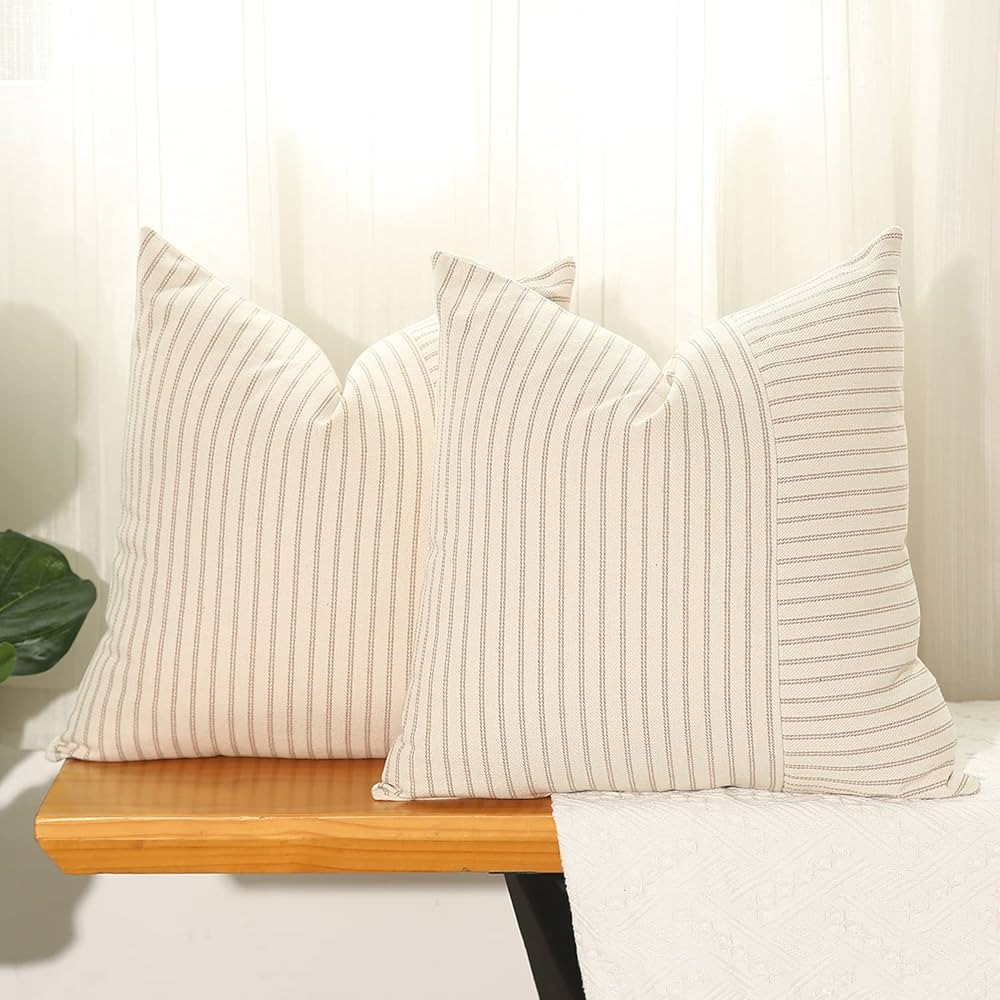 Hckot Khaki and Beige Patchwork Farmhouse Throw Pillow Covers 22 x 22 Inch, Pack of 2 Striped L... | Amazon (US)