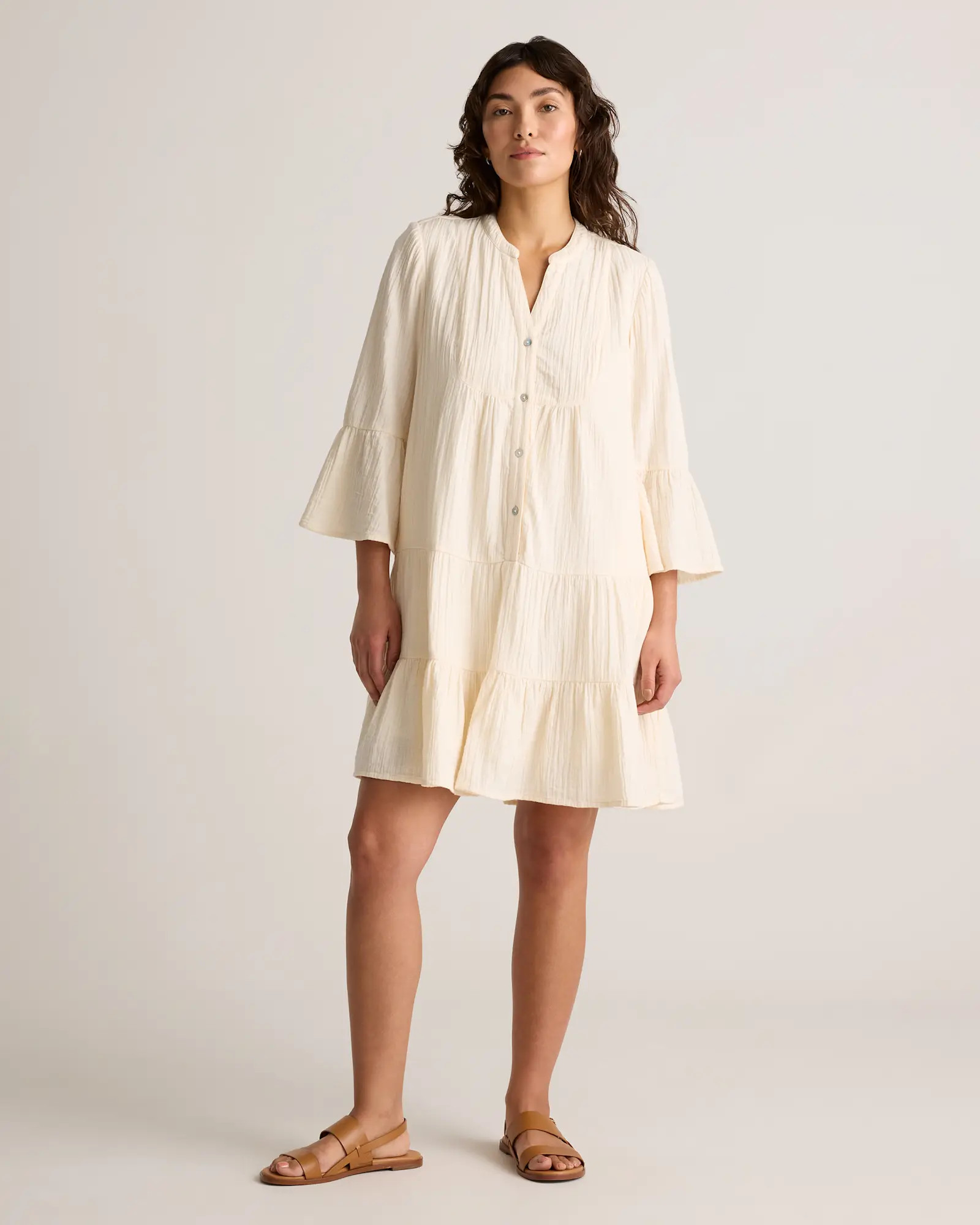 100% Organic Cotton Gauze Long Sleeve Tiered Mini Dress in Vintage Cream | Quince