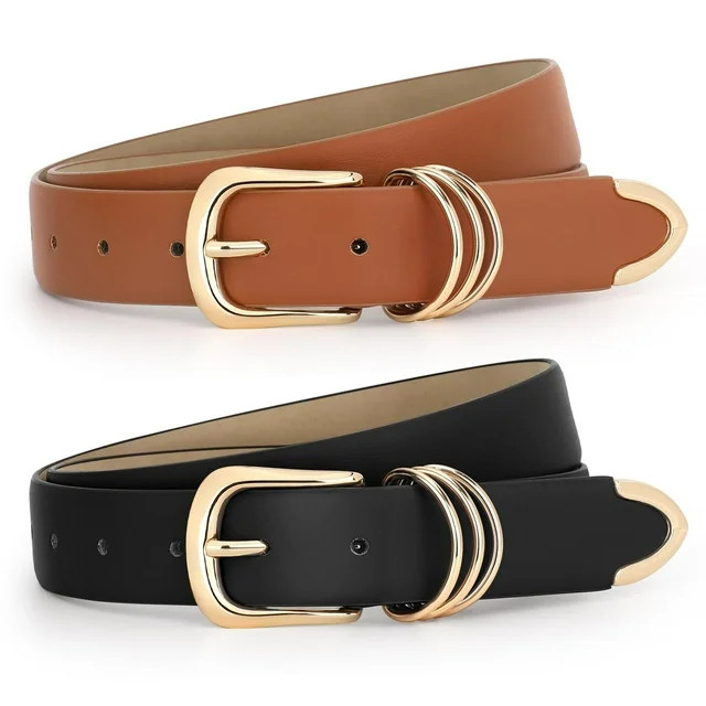 WHIPPY Womens Leather Belts for Jeans Black Casual Ladies Waist Belt with Gold Buckle | Walmart (US)