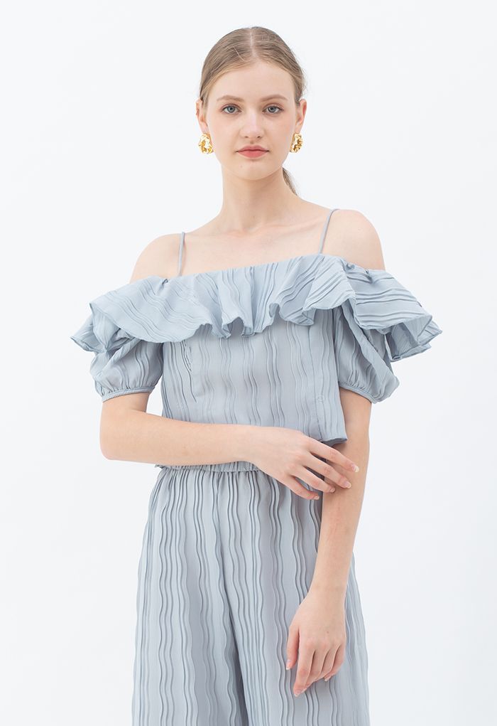 Ripple Pleated Cold-Shoulder Crop Top in Dusty Blue | Chicwish