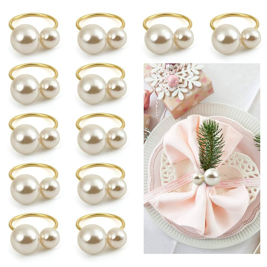 KESOTE Set of 12 Pearl Napkin Rings, Gold Napkin Ring Holders for Formal or Casual Dinning Table ... | Amazon (US)