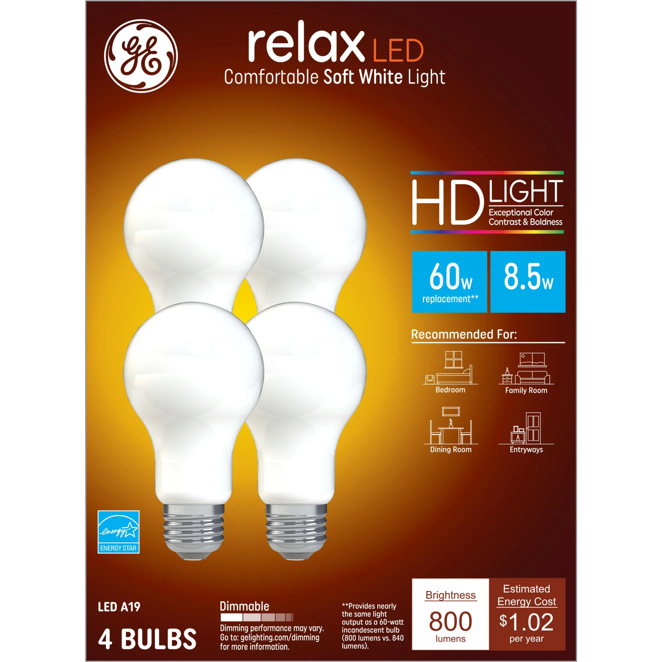 GE Relax HD LED Light Bulbs, 60 Watt, Soft White, A19 Bulbs, Medium Base, Frosted Finish, 4pk | Walmart (US)