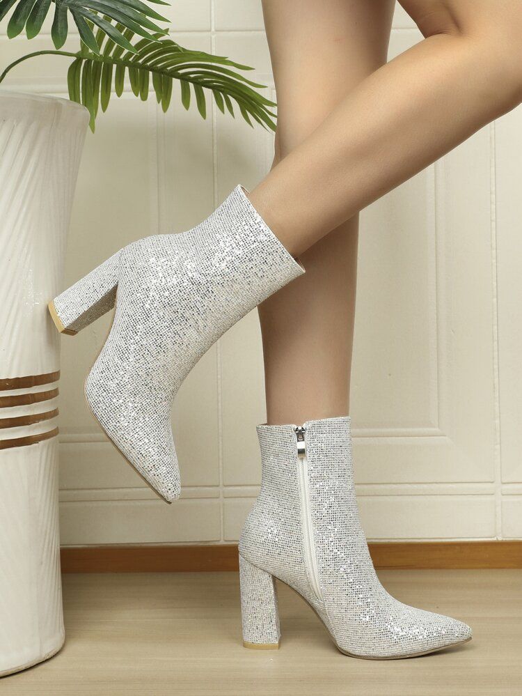 Zipper Side Sequin Decor Point Toe Chunky Heeled Classic Boots | SHEIN