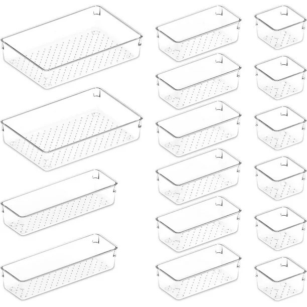 Lifewit 16 Pcs Drawer Organizer Set Clear Plastic Desk Bathroom Makeup Drawer Organizer | Walmart (US)