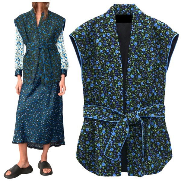 Blue on Black Floral Cozy Blueberry Vest | James Ascher