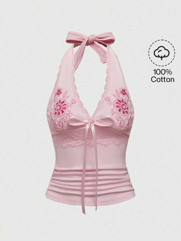 ROMWE Hippie Women's Y2K Floral Print & Contrast Lace Halter Neck Tie-Front Tank Top | SHEIN