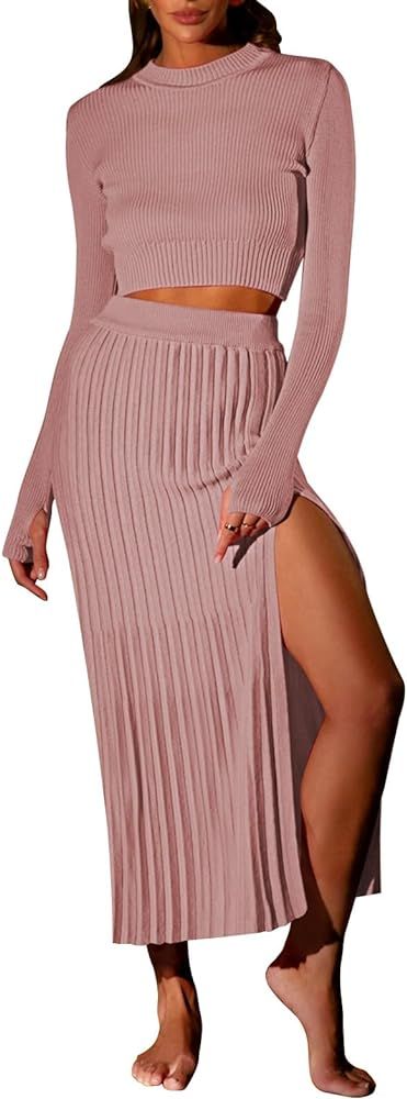 Duigluw Women 2 Piece Outfits Winter Long Sleeve Crop Top Bodycon Pleated Skirt Knit Sweater Dres... | Amazon (US)