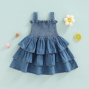 Toddler Girl Summer Sundresses Baby Denim Ruffle Dress Sleeveless Strap Pleated A-line Layered Ca... | Amazon (US)