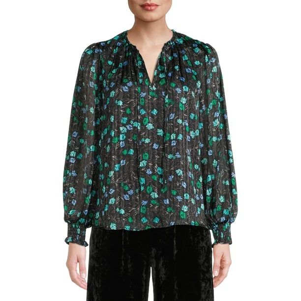 The Get Women's Ruffle Neck Top with Puff Sleeves | Walmart (US)