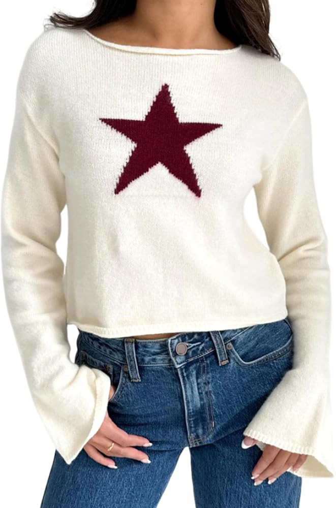 EsheSy Women's Crewneck Cropped Sweater Long Sleeve Star Pattern Knit Pullover Tops | Amazon (US)