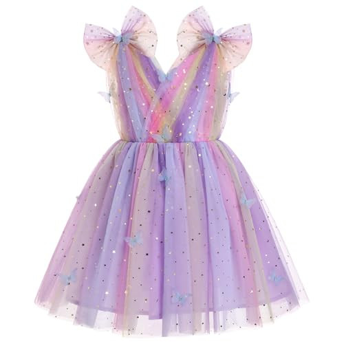 IMEKIS Butterfly Dress for Girl: 3rd 4th Birthday Outfit Cake Smash Baby Flower Wedding Guest Kids Toddler Graduation Princess Sparkle Stars Tulle Tea Party Formal Dress Rainbow Purple 3-4T | Amazon (US)