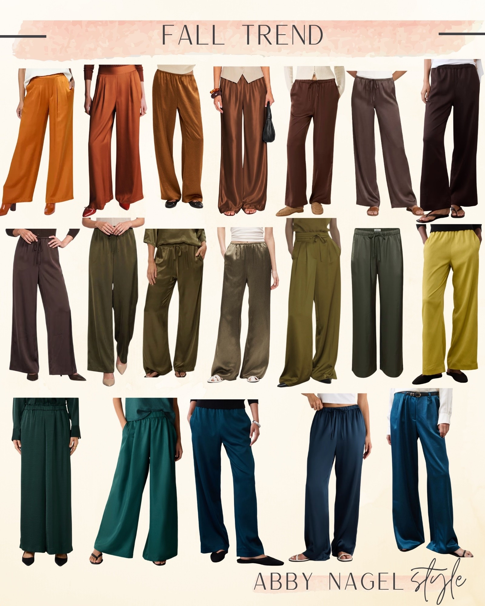 Satin Pants!  You’ll be seeing this fun trend all over this year. Every style type can pull it off in their unique way. * click on the baby blue pair to Shop the first rusty orange pair.* Also, many of these styles come in other color options.￼

DRAMATIC: Go wider. Go bolder.
CLASSIC: Give satin structure.
NATURAL: Embrace the flow.
GAMINE: Add playful contrast.
INGENUE: Keep it feminine + polished.
ROMANTIC: Choose luxurious drape.