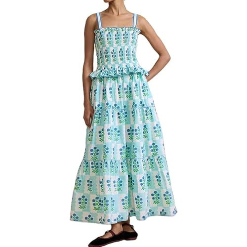 Women Summer Smocked Flowy Dress Spaghetti Strap Square Neck Floral Dress Ruffle Patchwork Boho A Line Midi Sun Dress (Blue, Medium) | Amazon (US)