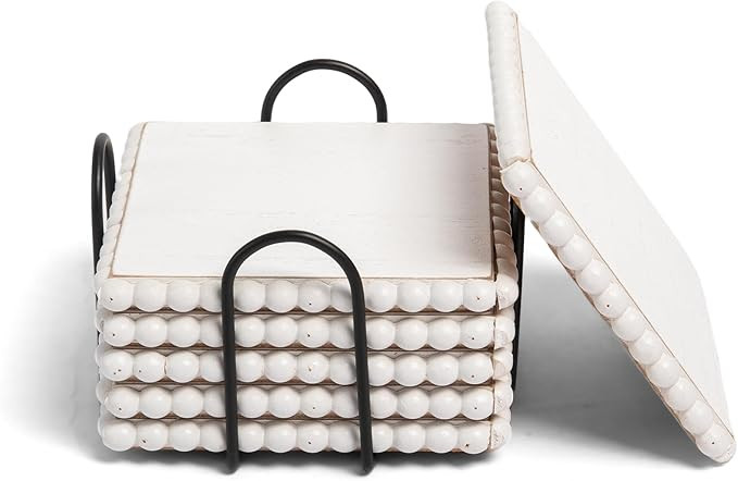 GENMOUS 6 Pack Farmhouse Wooden Bead Coasters with Metal Holder for Coffee Table Decor, Square Ha... | Amazon (US)