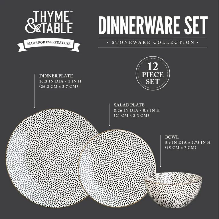 Thyme & Table Dinnerware Black & White Dot Stoneware, 12 Piece Set | Walmart (US)