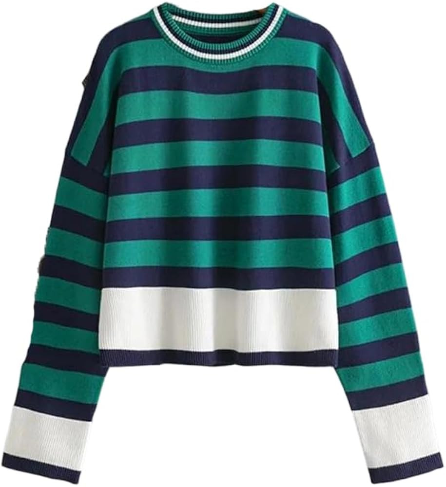Women's Winter Striped Knitted Pullover Loose Warm Jumper Casual Wear Chunky Striped Sweater | Amazon (US)