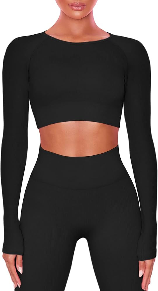 Buttergene Women Workout Sets 2 Pieces Long Sleeve Yoga Outfits Gym Clothes Seamless Ribbed Crop ... | Amazon (CA)